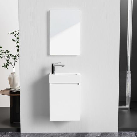Belvit Badmöbel-Set 40 cm Weiß glänzend mit Waschbecken Unterschrank grifflos Soft Close umkehrbar Spiegel