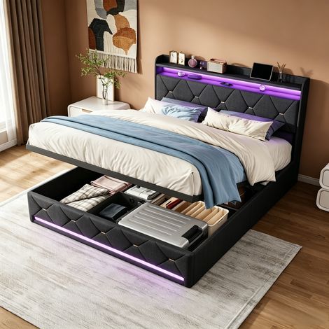 JOOKGBD- Polsterbett 140x200 cm, Doppelbett mit LED-Beleuchtung und USB-Anschlüssen, hydraulischer Bettkasten, gepolstertes Kopfteil, inklusive Lattenrost, Jugendbett, Leinen, Grau