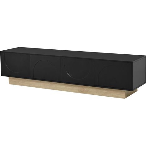 Meuble TV noir avec effet bois de 175 cm - design minimaliste courbé avec rangement et gestion des câbles (1/5)