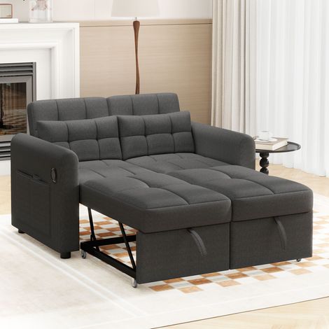 Divano 142x85 cm Convertibile 3-in-1 in Tessuto Cotone-Lino Grigio, Schienale Regolabile e Porte USB (1/5)