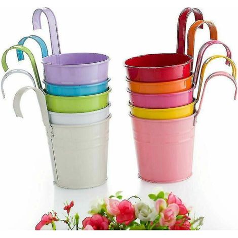Lot de 10 pots de fleurs suspendus en métal pour jardin, avec paniers et seaux. (1/4)