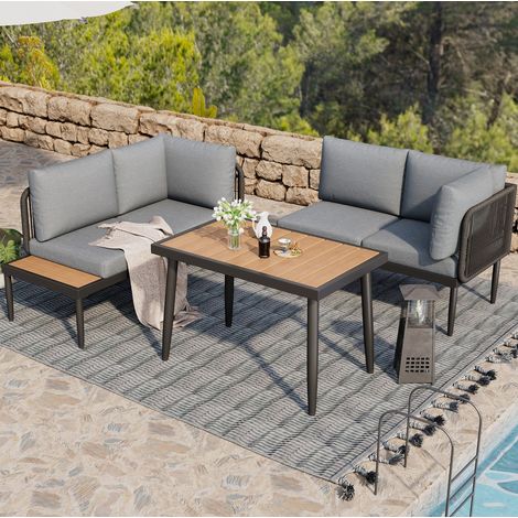 Salon de jardin d’angle avec table 2/3 places  en gris en oléfine avec structure acier galvanisé (1/5)