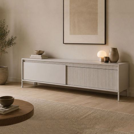 Mobile Porta tv Kami, un Ripiano, 2 Ante, Ante Effetto Rigato, 187x40x53h cm Beige (1/5)