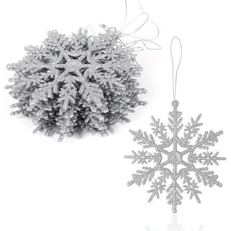 Copos de nieve plateados brillantes (10 cm) - Árbol de Navidad  Decoraciones de copos de nieve para fiestas y ocasiones especiales, paquete de 12