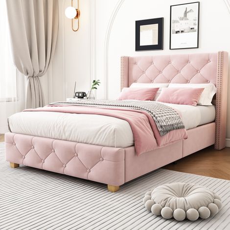 Lit capitonné moderne 90x200 cm en velours rose, avec tête de lit à oreilles, sommier à lattes et clous décoratifs (1/5)