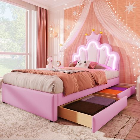 Letto bambini 90x200 cm con 2 cassetti, illuminazione LED con telecomando, testiera a corona stile principessa, rete a doghe, senza materasso, rosa (1/5)