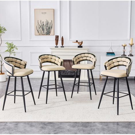 Tabouret de bar en velours, avec dossier tressé et repose-pieds, pieds en métal noir, beige (1/4)