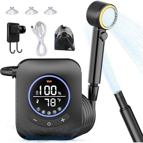 Douche portable pour le camping, pompe de douche rechargeable 8000 mAh, kit de douche étanche pour l'extérieur (randonnée, voyage, voiture, animaux de compagnie). (1/5)