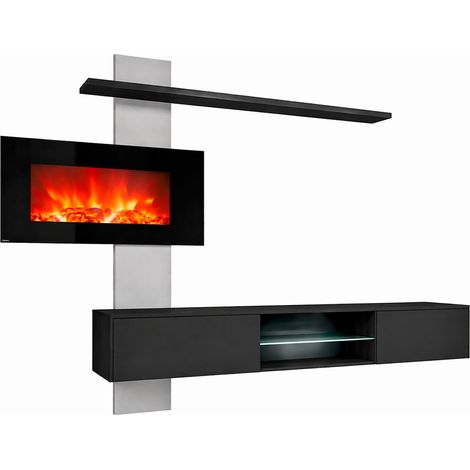 Parete Attrezzata Soggiorno Mobile Tv Biocamino Led Mensola Design Living Arredo Casa Contemporaneo Contenitore Multimediale Vetro Push Click Struttura Laminato 250 x 170 x 40 Cm Nero E Grigio (1/5)
