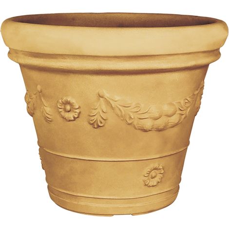 Vase "Festone" mit Doppelrand, rund, aus Harz, mit Dekoration für den Außenbereich "Made in Italy". -Impruneta Farbe / 55 cm