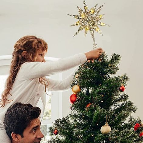 Étoile de Noël décorative en forme d'étoile géométrique 3D avec lumières LED, fonctionne sur piles et possède une base à ressort pour les fêtes de fin d'année. (1/5)