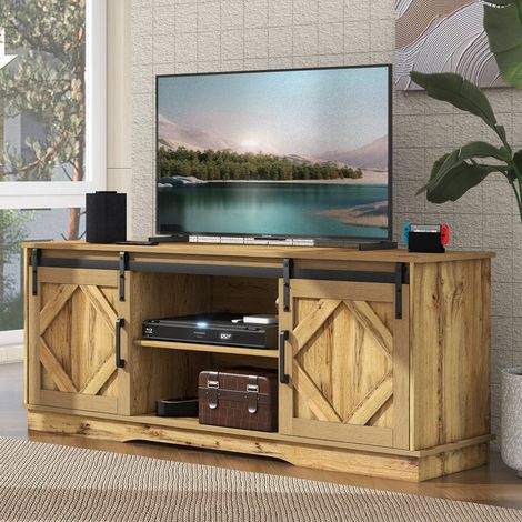 Meuble tv vintage brun 150x40x60 cm, 2 portes coulissantes et étagères réglables, style campagne moderne (1/5)