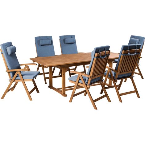 Garden Dining Set Acacia Wood with Blue Cushions 6 Seater Adjustable Foldable Chairs Outdoor Country Style JAVA PREMIUM