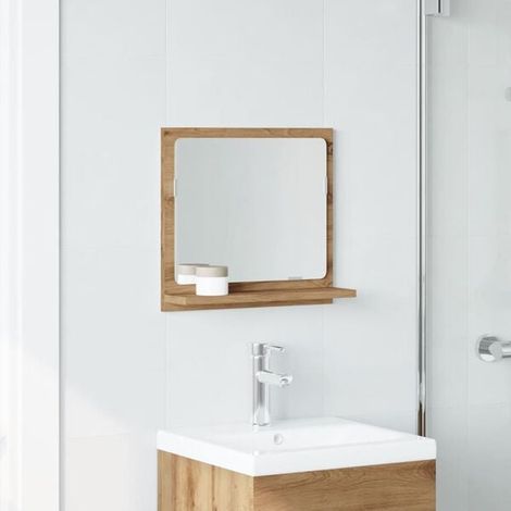 Miroir de Salle de Bain avec Armoire en Chêne Massif, Meuble de Rangement Mural 40x11x37 cm, Étagère de Toilette avec Porte pour WC et Lavabo (1/5)