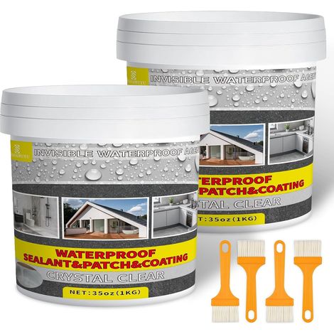 2KG Waterproof Coating Transparent,Membrane d'Étanchéité Waterstop,Joint Etancheite pour l'intérieur et l'extérieur,Agent Imperméable Invisible pour Terrasse,Facade,Toiture et Bain (1/5)