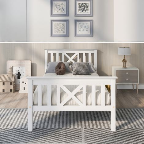Letto per adulti Letto per adolescenti Letto singolo Letto in legno 90 x 200 cm con rete a doghe e testiera, bianco (1/5)