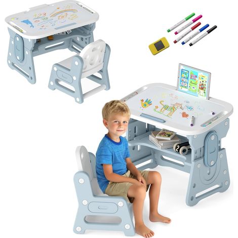 GOPLUS Table Enfant avec Chaise en HDPE, 4 en 1 Table de Dessin Hauteur Réglable, avec Tableau Blanc Inclinable, 5 Stylos et 1 Gomme, Bureau Enfant pour Maison Maternelle Garderie (Bleu) (1/5)