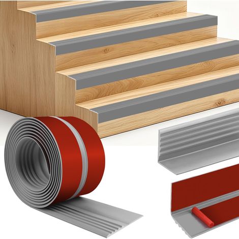 Nez de marche profilé adhésif nez de marche antidérapant escalier en vinyle protection des bords d'escalier (1m, 50×25mm, Gris) (1/5)
