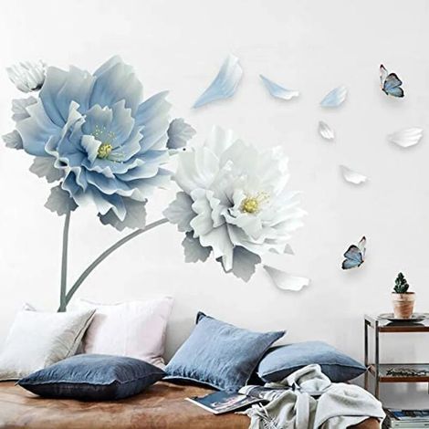 Wall sticker, blue and white peony wall decals, peony flower wall decals, photo wall decals for living room and bedroom decor (1/5)