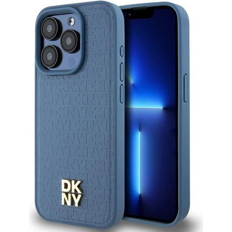 Funda rígida de cuero con estampado de monograma y logotipo metálico MagSafe para iPhone 15 Pro de 6.1 pulgadas, DKNY DKHMP15LPSHRPSB (azul/azul). (1/5)