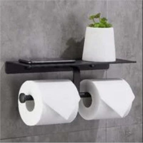 Porta carta igienica senza foratura con doppio supporto a parete per cellulare per bagno (nero) (1/2)