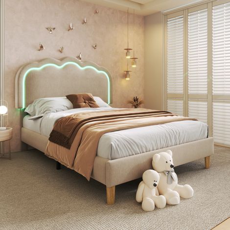 Cama juvenil tapizada con LED y cabecero regulable OKMYHOME (1/5)