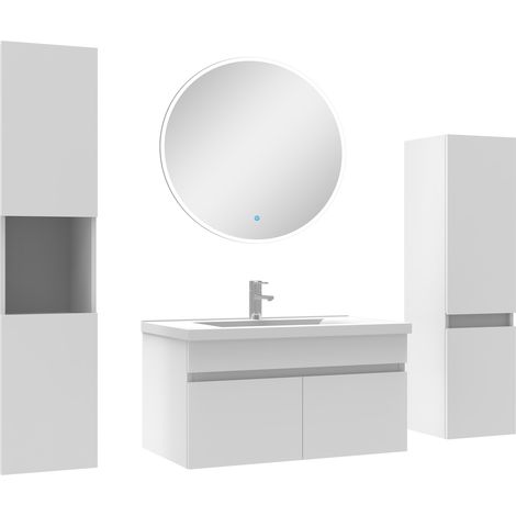 Ocean meuble Salle de Bain Blanc 80cm simple vasque + colonne + miroir rond LED
