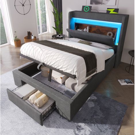 Lit coffre 90x200 avec LED, USB-C et gris lin OKMYHOME (1/5)