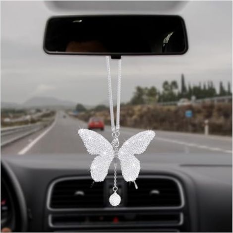 Dickno Accessoires de voiture en forme de papillon scintillant pour femme, pendentif ornement de rétroviseur de voiture, cadeau de Saint-Valentin, décoration à suspendre en cristal, pendentif mignon (1/5)