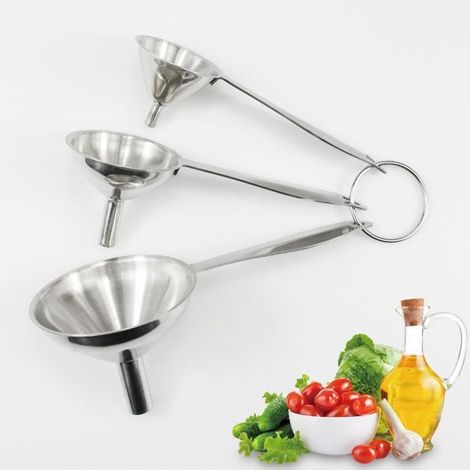Lot de 3 entonnoirs de cuisine en acier inoxydable avec longue poignée pour transférer des bouteilles de remplissage d'huile liquide (1/4)