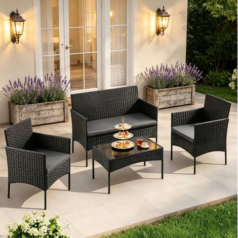 Salon de jardin 4 pièces en polyrotin avec table basse en verre trempé, noir HAVRYA (1/5)