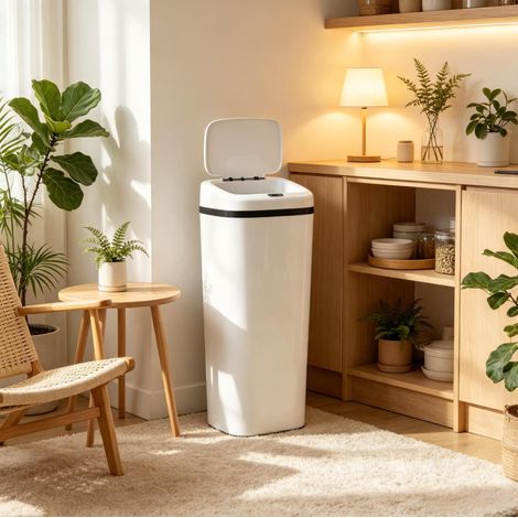 Poubelle de cuisine automatique à capteur 50 L en acier et ABS blanche, 84 cm, OKWISH (1/5)
