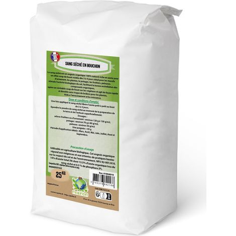 Engrais biologique sang séché en bouchon 25kg – Libération rapide – Riche en azote – Activateur de compost – Pour gazons et rosiers – Prefor