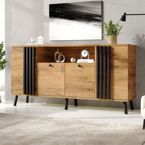 Buffet Bas 140x35x71 cm avec 4 Portes, 1 Niche et 6 Pieds en Bois Massif, Meuble de Rangement pour Salon et Salle à Manger, MDF - Noir et Naturel (1/5)