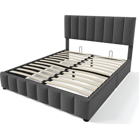 Letto Contenitore Letto Matrimoniale 140 x 200 cm con Testiera Regolabile e Vano, senza Materasso, Lino Grigio (1/5)
