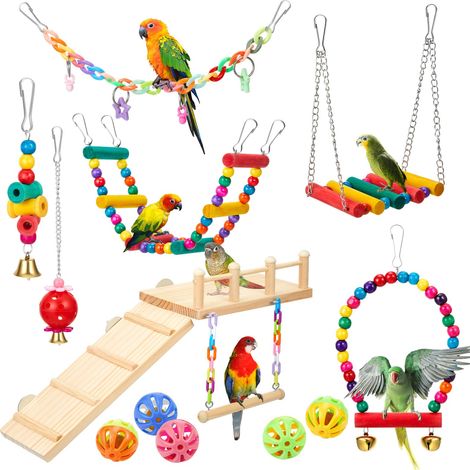 Lot de 12 balançoires pour perroquet et perchoirs en bois avec échelle d\'escalade colorée à mâcher à suspendre pour perruche, perruche, calopsitte, conure, oiseaux amoureux