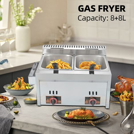 Friteuse à gaz double cuve 8 L + 8 L, friteuse à gaz en acier inoxydable pour frites, avec couvercle, idéal pour frites, poulet, poisson (1/5)
