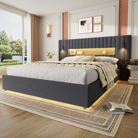 Cama con canapé 180 x 200 cm,Cama para adultos con Lámpara de lectura y Puerto USB,Somier de láminas incluido - Gris (1/5)