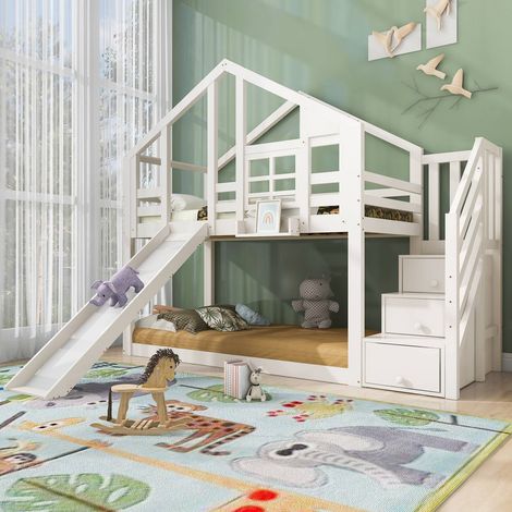 Lit superposé cabane 90 x 200 cm toboggan barrières sécurité blanc 2 sommiers sans matelas (1/5)