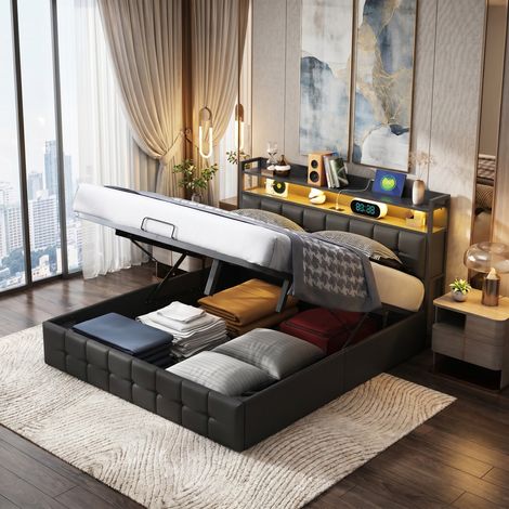 Lit coffre 160x200 cm,lit double adulte avec tête de lit de rangement,sommier à lattes,led rgb et station de recharge (usb/c),similicuir pu,noir (1/5)