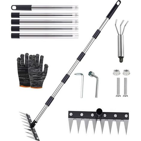 Râteau de Désherbage avec Manche Télescopique 185 cm,8 Dents Rateau Scarificateur en Acier Robuste,Râteau de Désherbage Multifonction en Métal,pour Le Jardin,Le Désherbage,Le Travail du Sol,Le semis