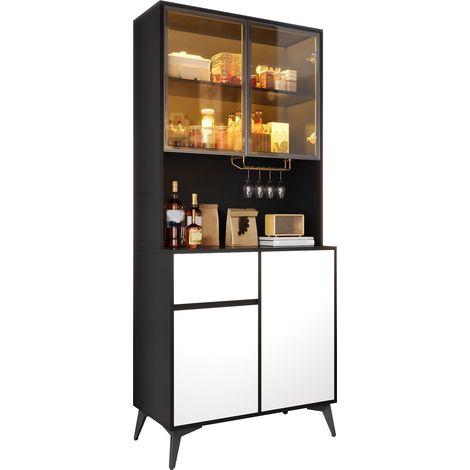Vitrine meuble de rangement à rangement polyvalent corps en mdf éléments en verre éclairage led intégré finition noir et blanc