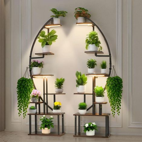 Support Plantes Intérieur avec Lampe Lot de 2 Étagère Porte Plantes 7 Niveaux Métal Minuterie 550x260x1665 mm (1/5)