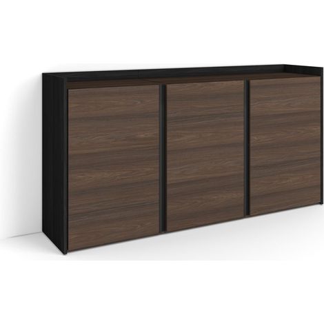 Skraut Home - Credenza, Mobile, Cucina, Madia, mobile ingresso, 156x35x80cm, 3 Porte, grande stoccaggio, Stile moderno, Rovere scuro e Nero (1/5)