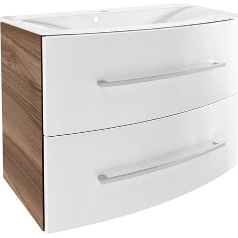 Fackelmann VERONA Badmöbel Set 2-teilig 80 cm breit, Braun Dunkel/Weiß Hochglanz, Gussmarmor"-"90322145 (1/5)