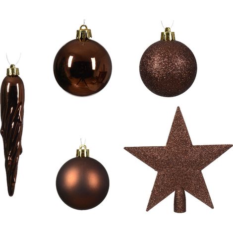 CONFEZIONE CON 33 ADDOBBI E PUNTALE PER ALBERO DI NATALE, MARRONE SCURO