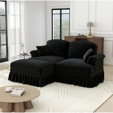 Ecksofa aus Chenille in Schwarz mit beweglichem Hocker und abnehmbarem Volant (1/5)