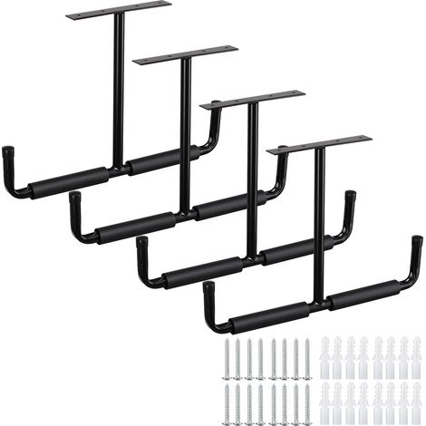 Lot de 4 crochets de plafond caoutchoutés pour garage - En acier noir - Double pointe - 20 cm - Pour échelle et équipements de sport tels que ski, planche de surf, canne à pêche (1/5)