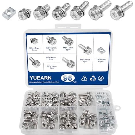 Kit de 96 boulons et écrous de borne de batterie de moto M6 x 10/12/14/16/18/20 mm, boulons de batterie en acier inoxydable 304 avec écrou carré pour VTT, tondeuse à gazon, scooter, plus encore (1/5)