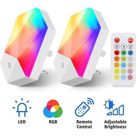 Lot de 2 veilleuses LED pour enfants, avec prise électrique, veilleuses LED RGB, veilleuses à intensité variable, veilleuses secteur avec prise, télécommande, 16 couleurs réglables pour chambres (1/5)